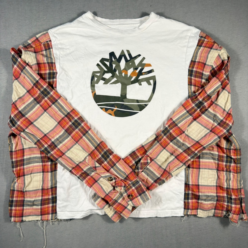 Timberland Reworked Hybrid Graphic Tee Flannel Plaid Long Sleeve Shirt White m/l